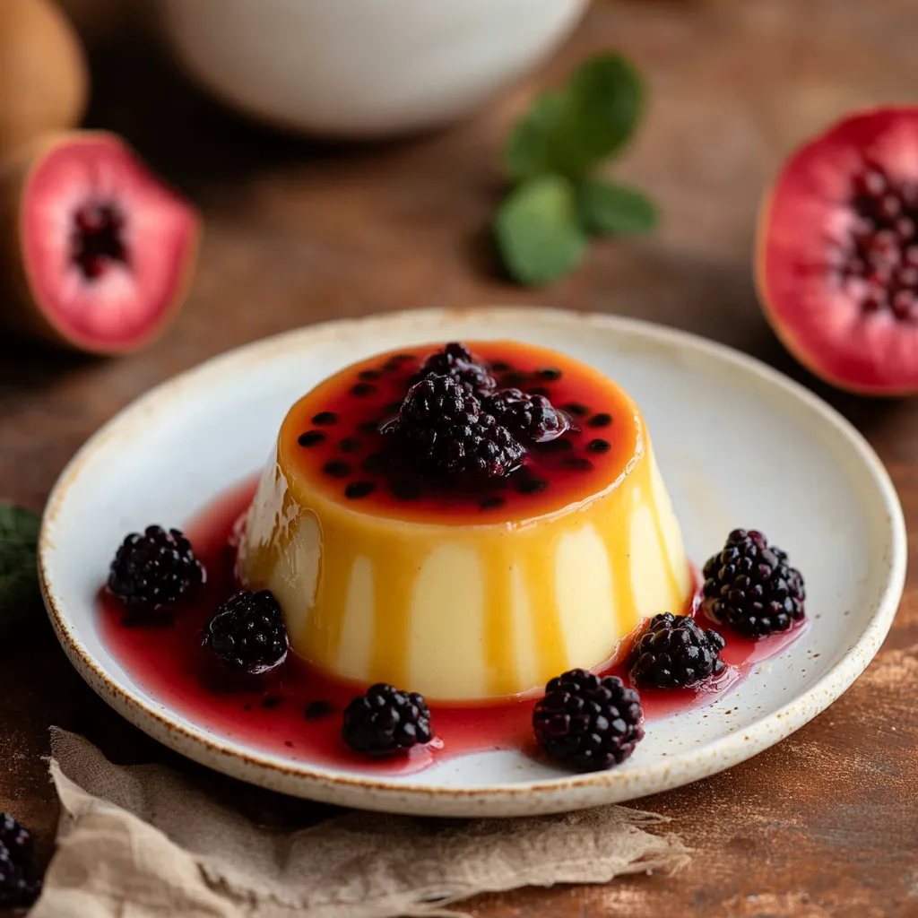 A plate of food with blackberries and a cream filling.