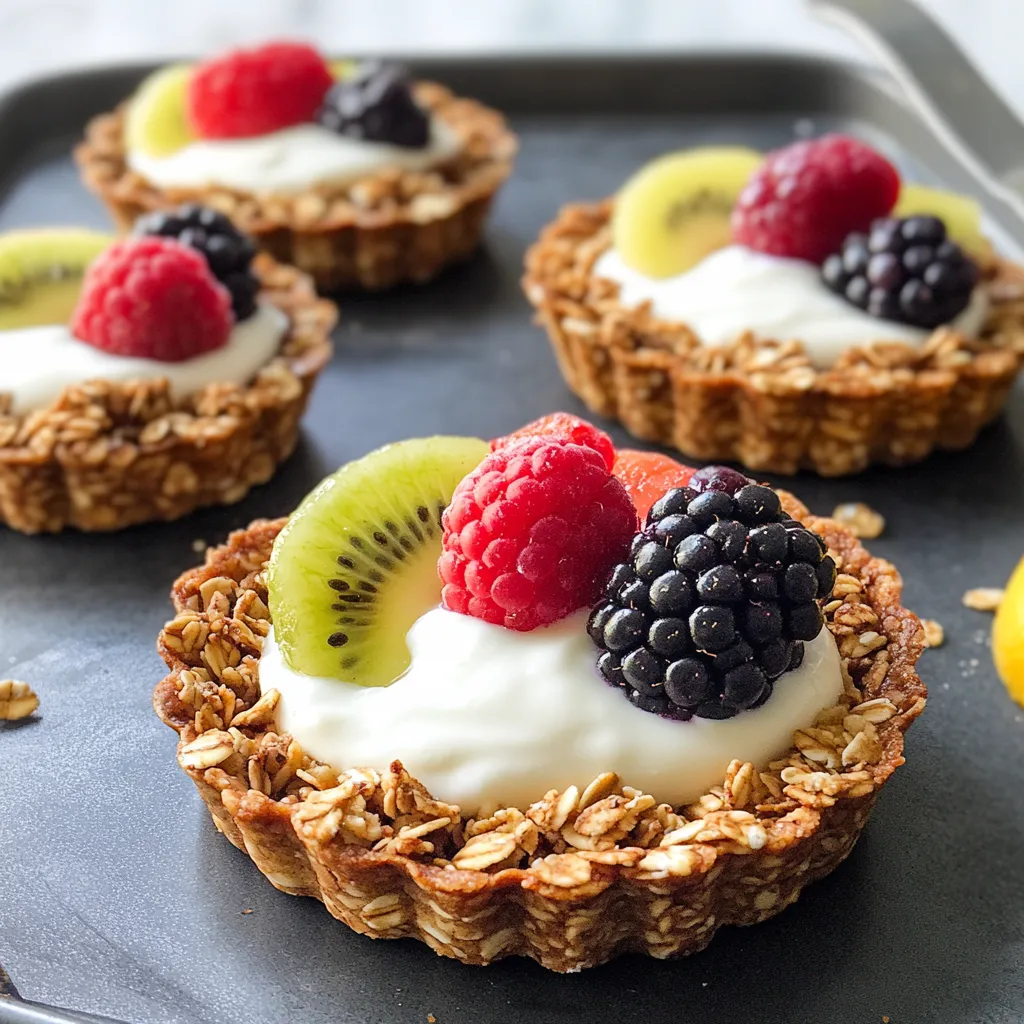 A plate of fruit tarts with berries and kiwi.