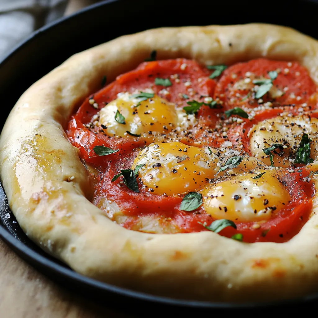 A pizza with eggs and tomatoes.