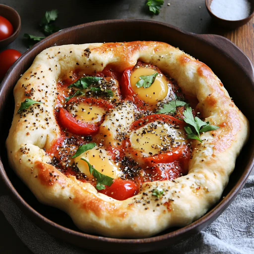 A pizza with tomatoes and eggs.
