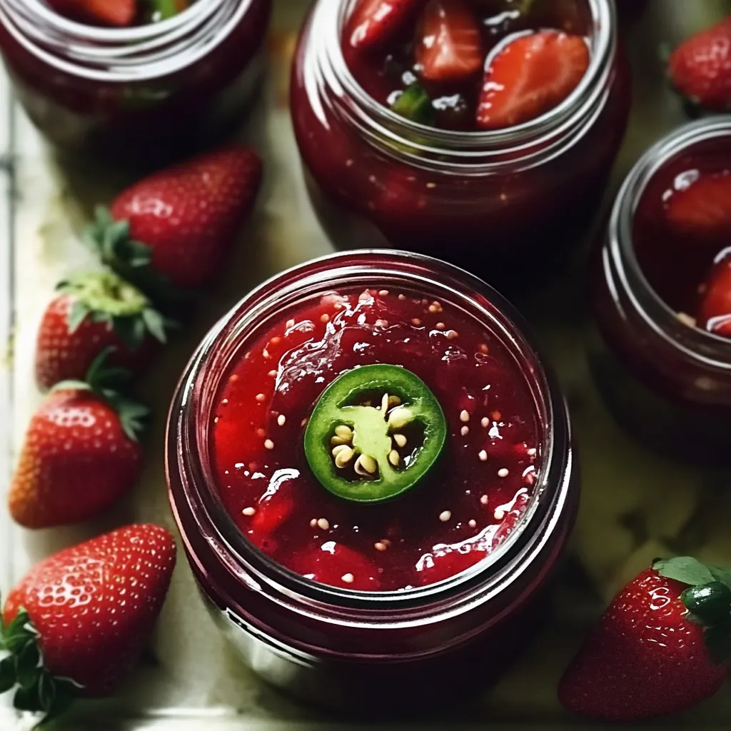 A jar of strawberry jam with a jalapeno in it.