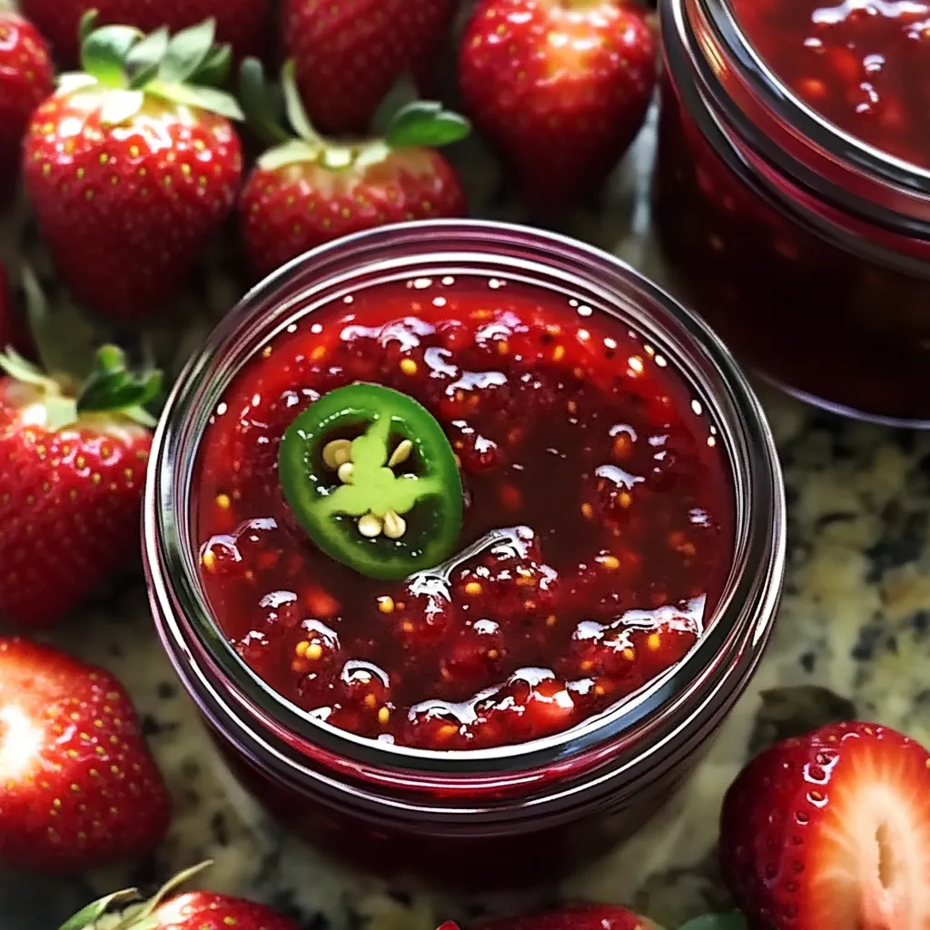 A jar of strawberry jam with a jalapeno in it.