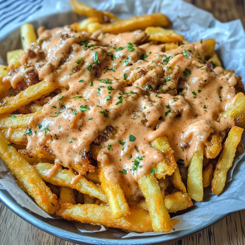 A plate of french fries with a creamy sauce.