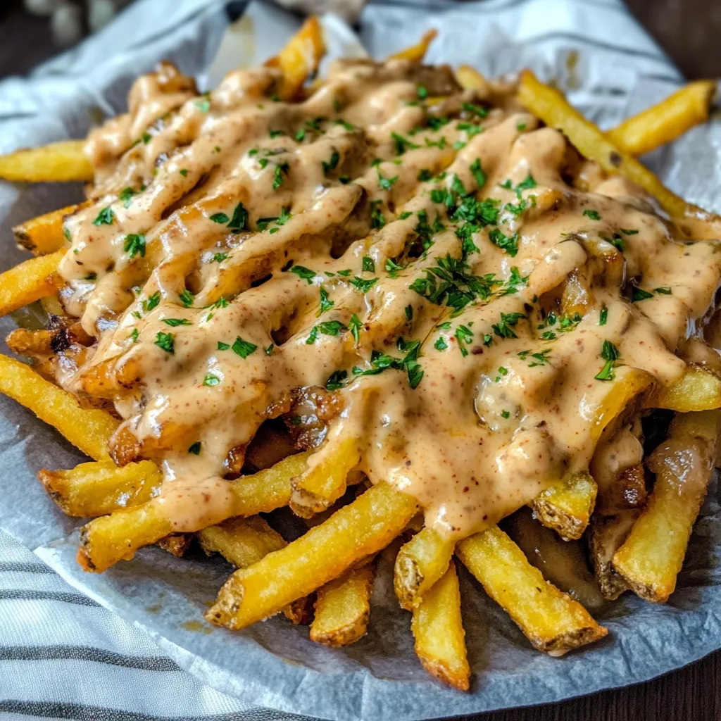 A plate of french fries with cheese sauce.