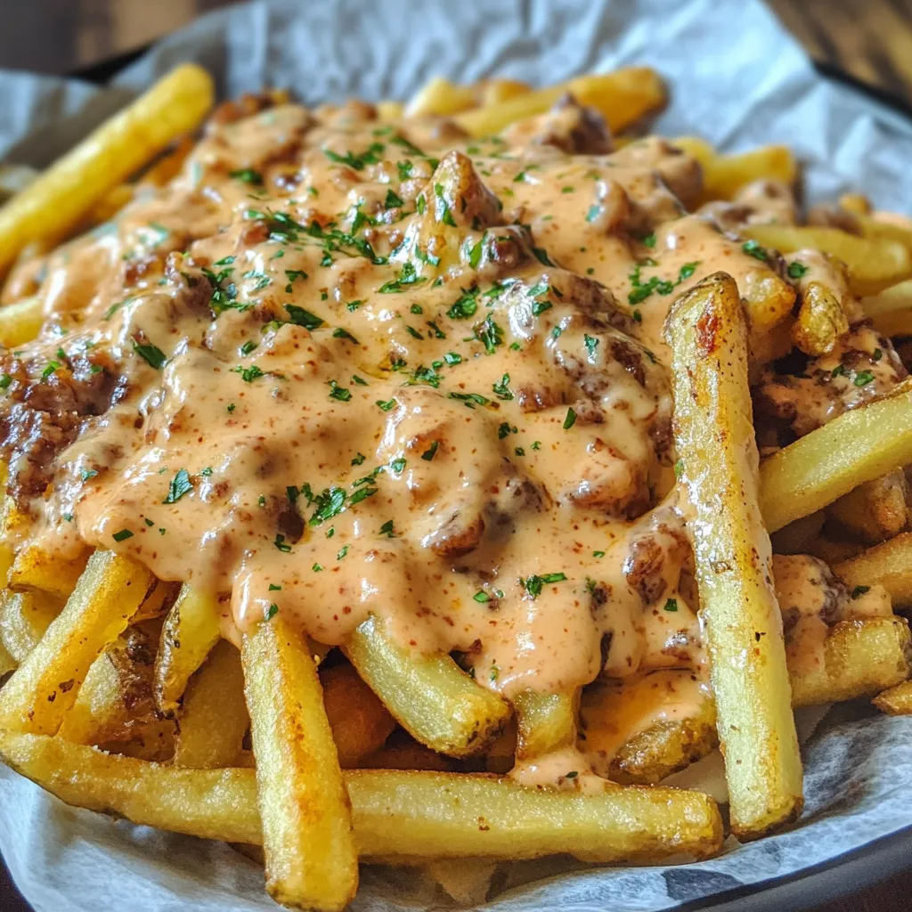 A plate of french fries with cheese sauce.
