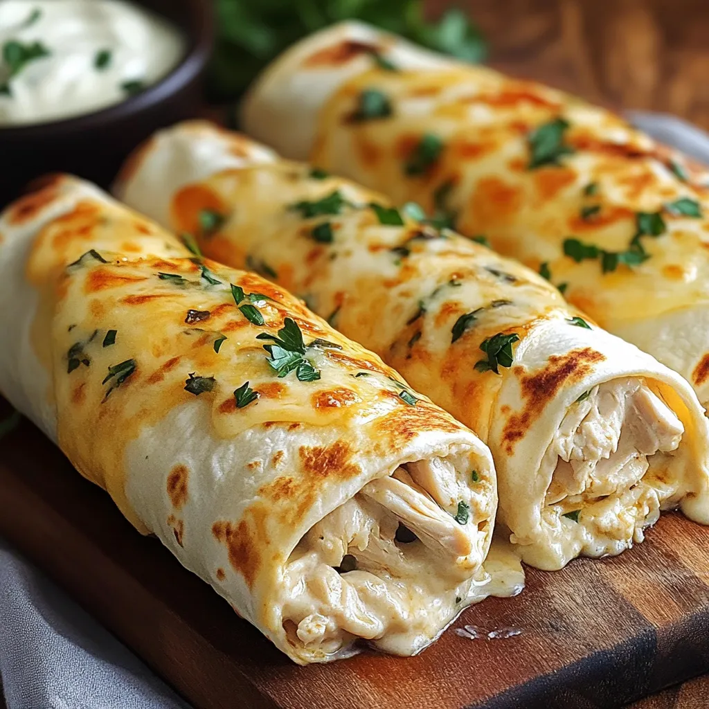 Two chicken burritos on a wooden table.