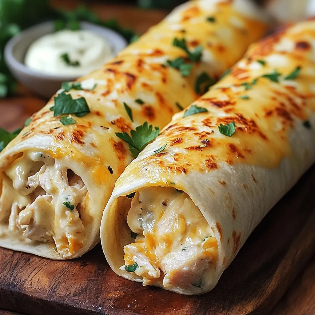Two chicken enchiladas on a wooden table.