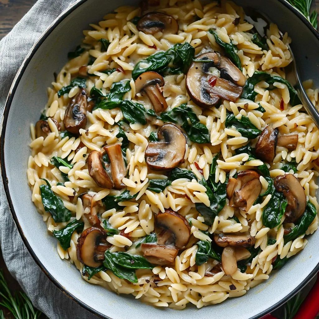 A bowl of pasta with mushrooms and spinach.