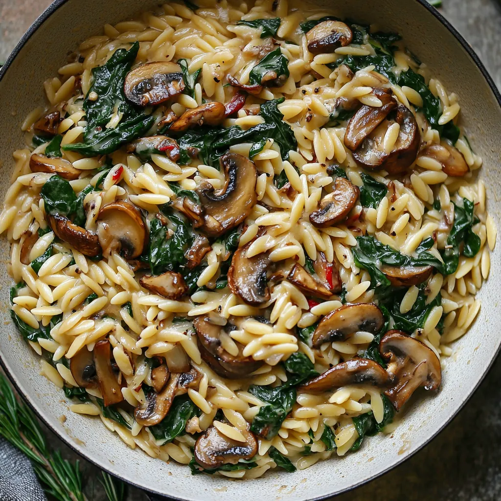 A bowl of pasta with mushrooms and spinach.