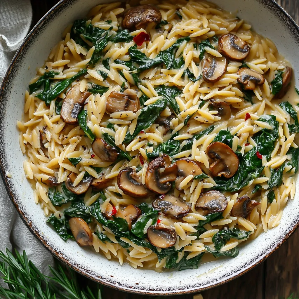 A bowl of pasta with mushrooms and spinach.