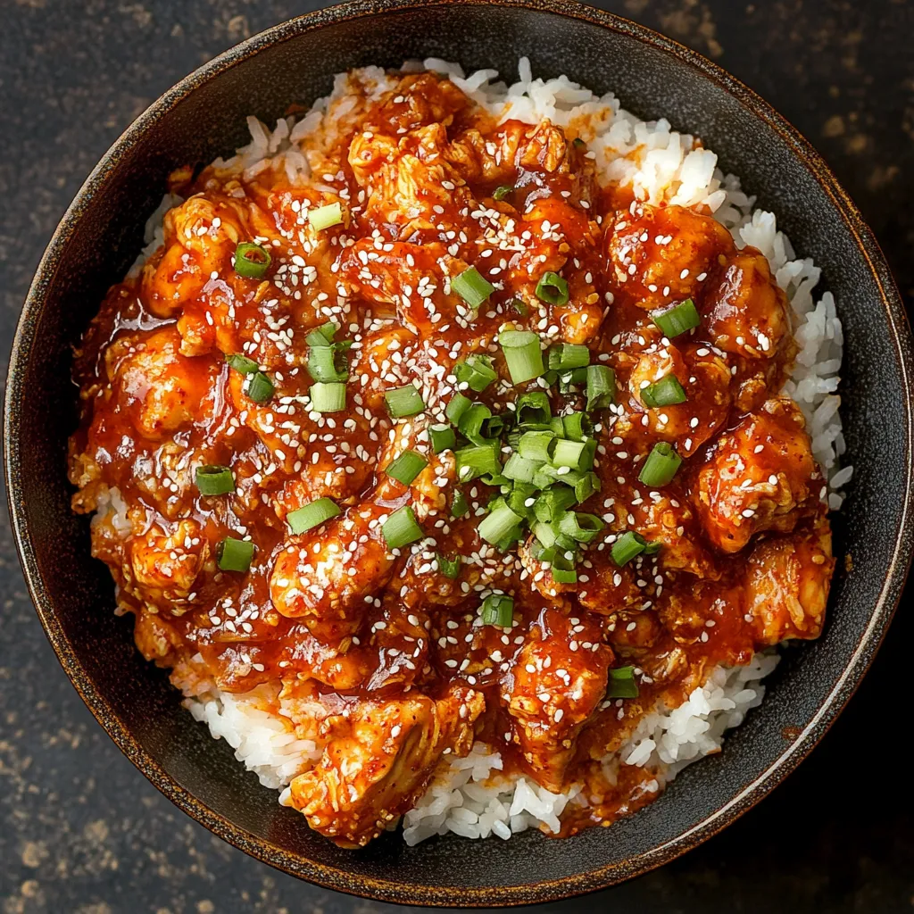A bowl of rice with chicken and vegetables.