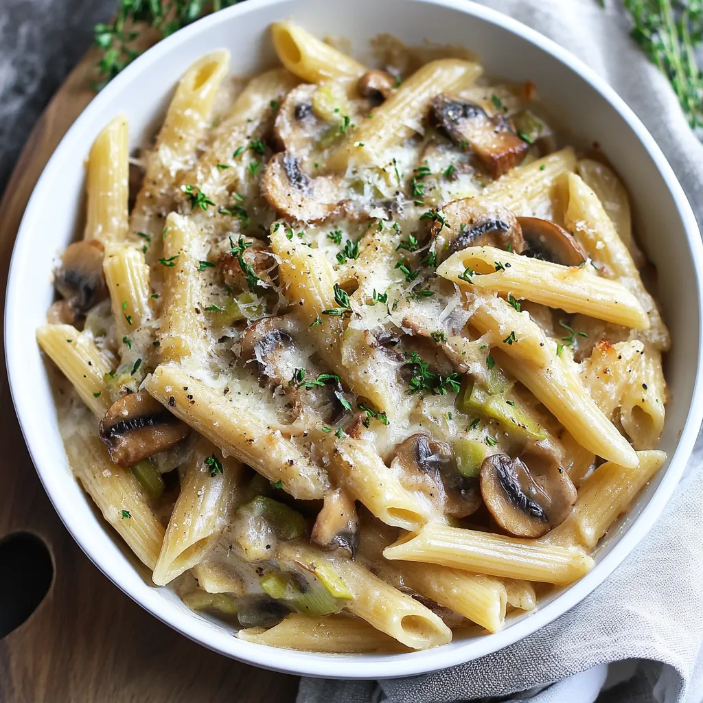 A bowl of pasta with mushrooms and cheese.