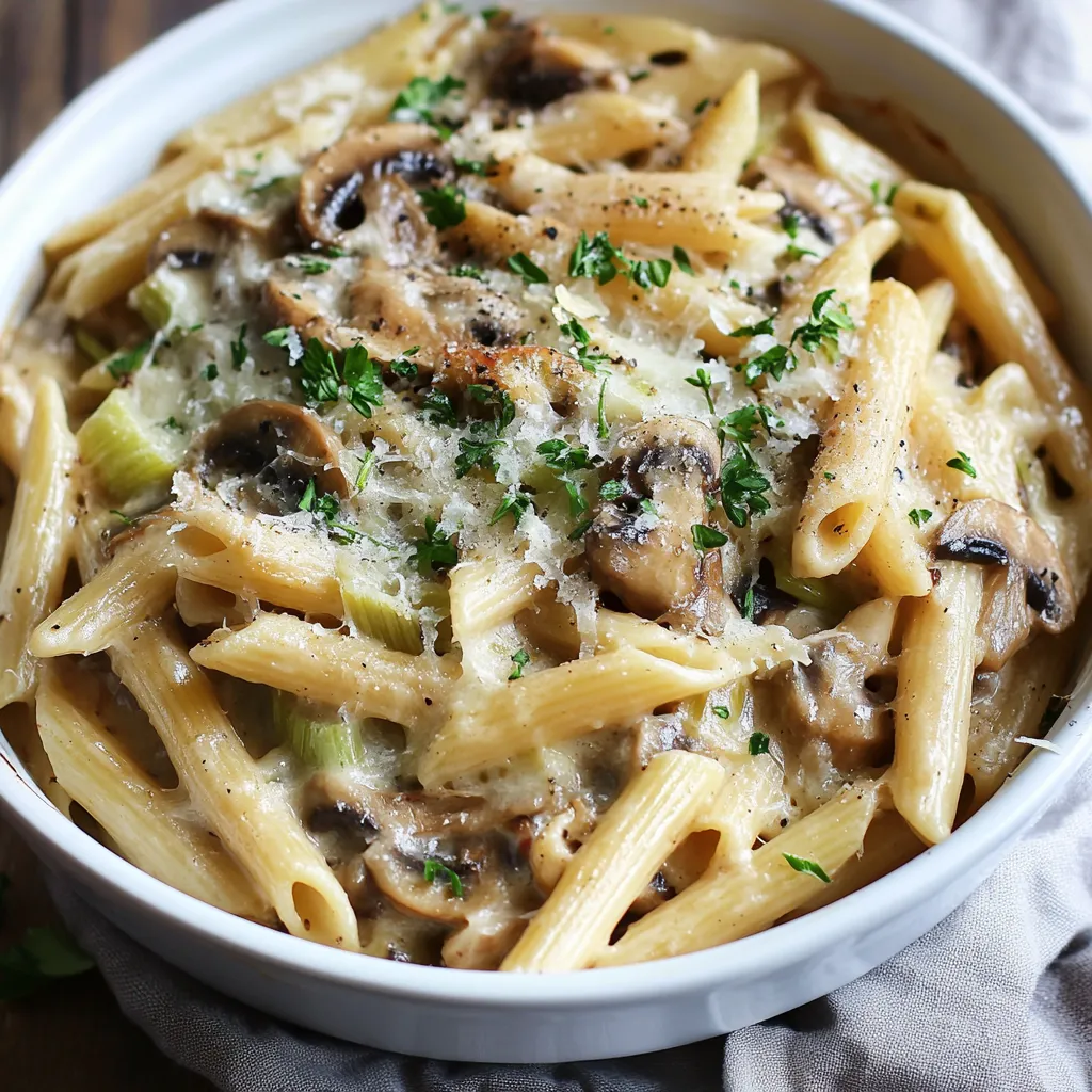 A bowl of pasta with mushrooms and cheese.