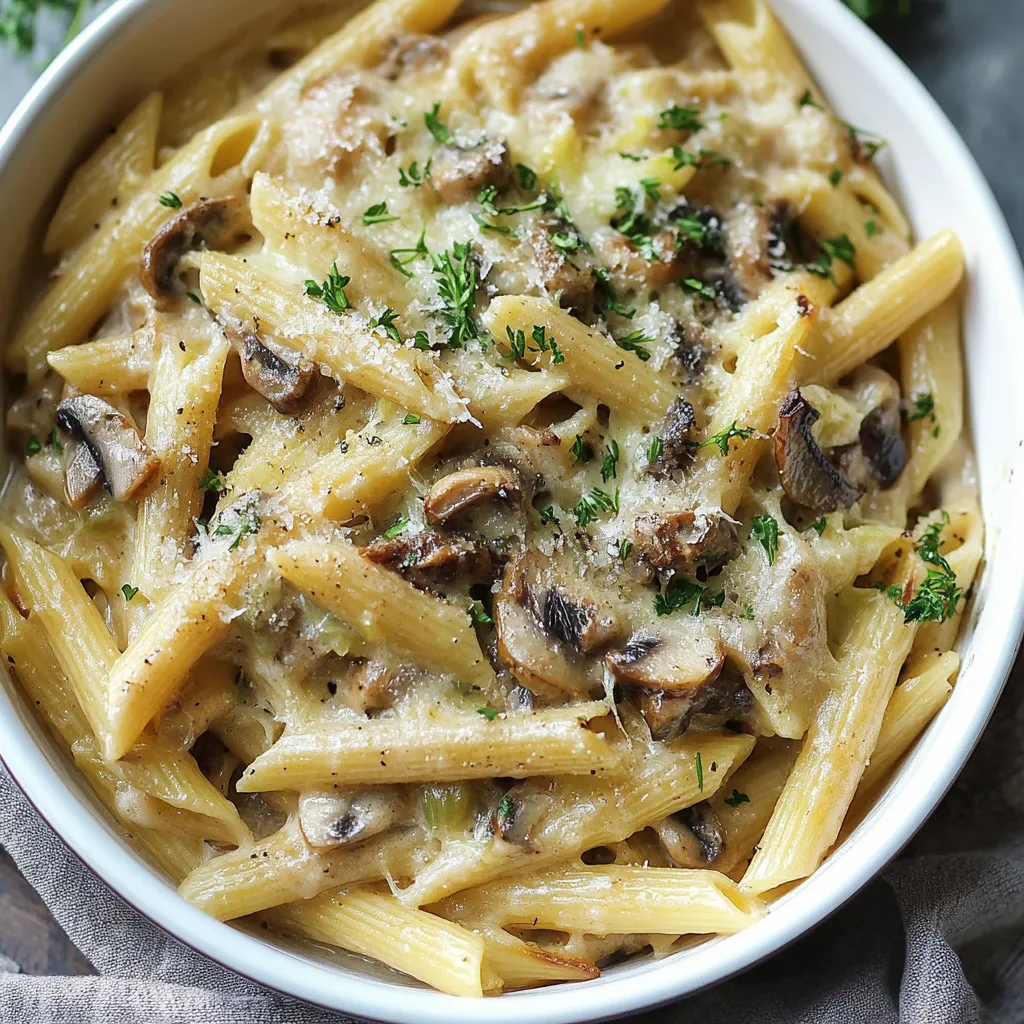 A bowl of pasta with mushrooms and cheese.