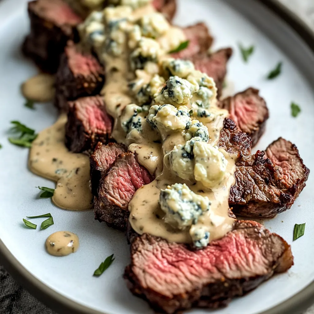 A plate of meat with blue cheese sauce.
