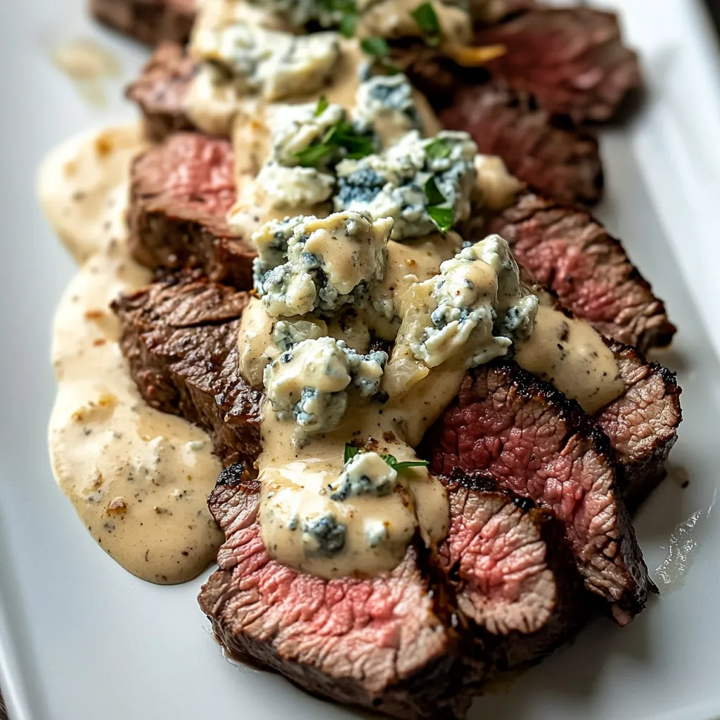 A plate of steak with blue cheese sauce.
