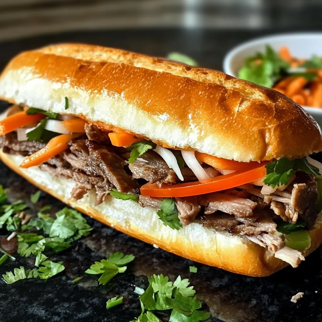 A sandwich with meat and vegetables on a table.