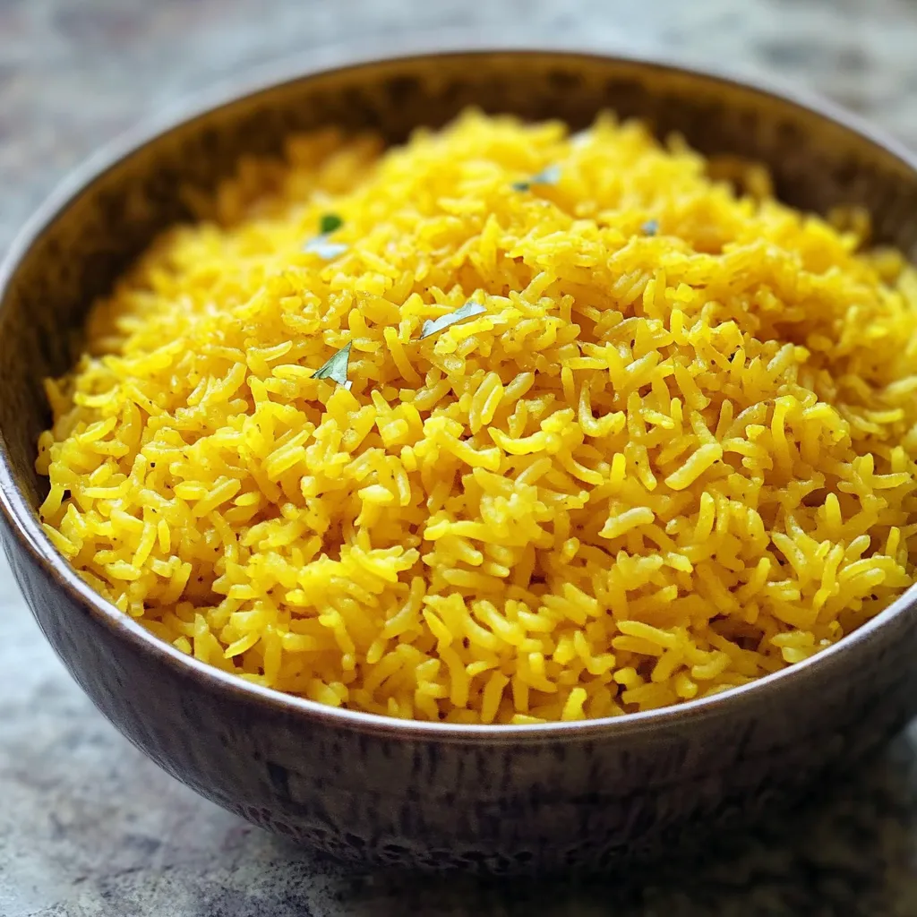 A bowl of yellow rice with green spices.
