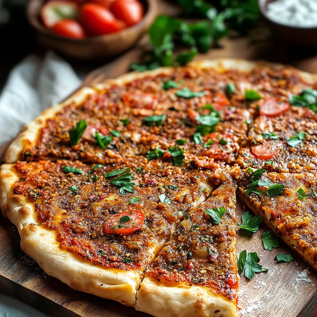 A pizza with tomatoes and basil on a wooden table.
