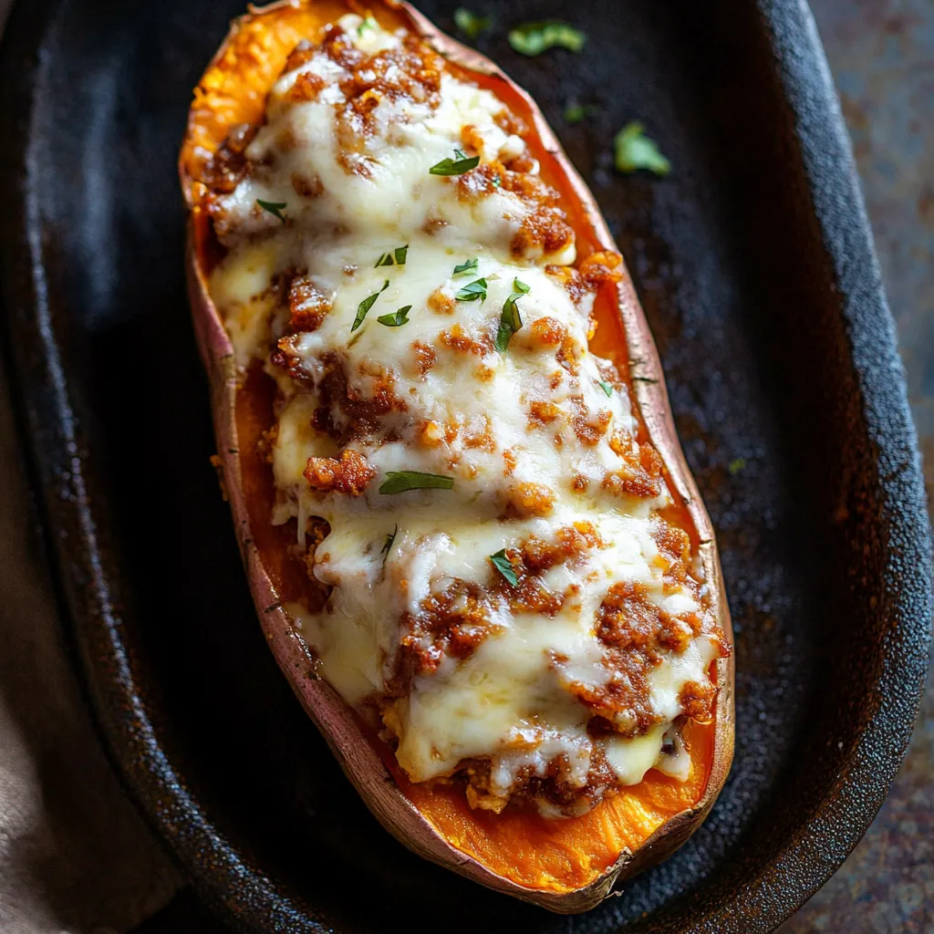 A baked sweet potato with cheese and meat.