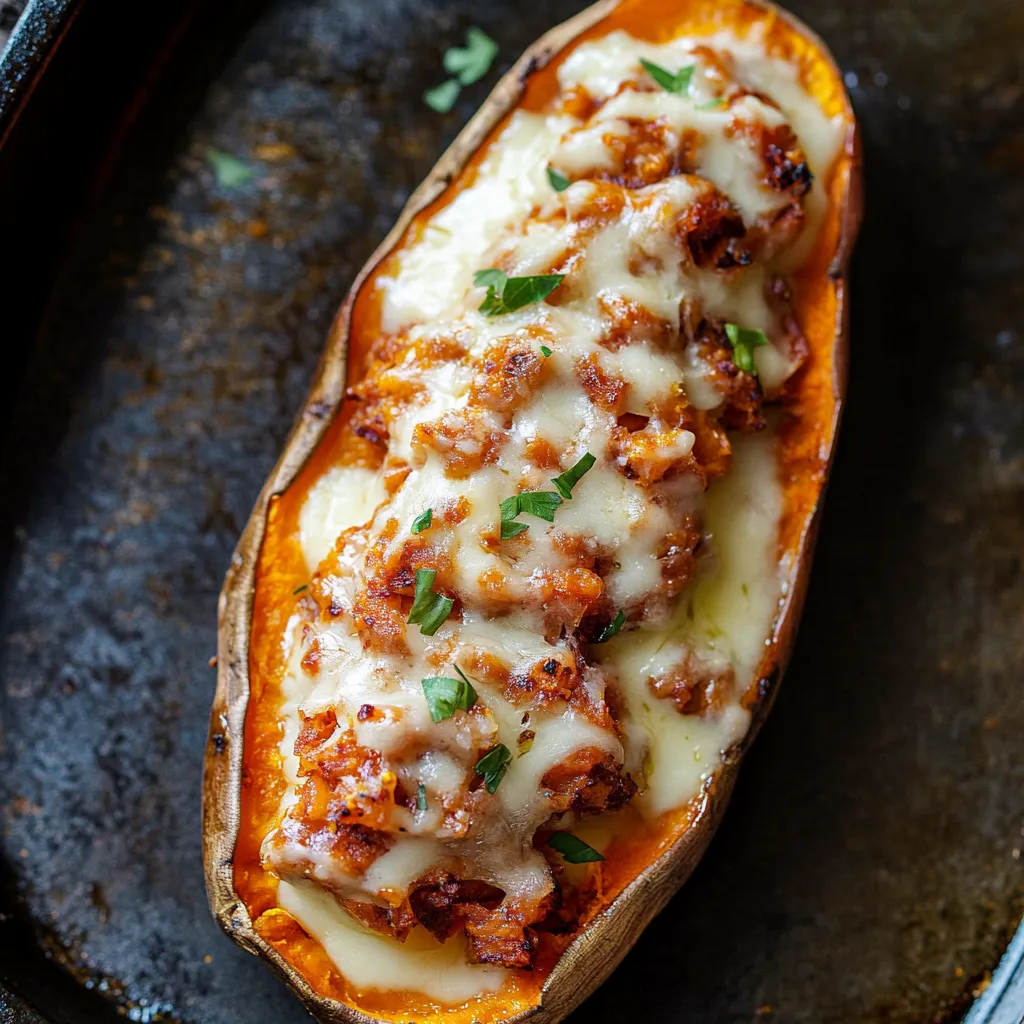 A baked potato with cheese and meat inside.
