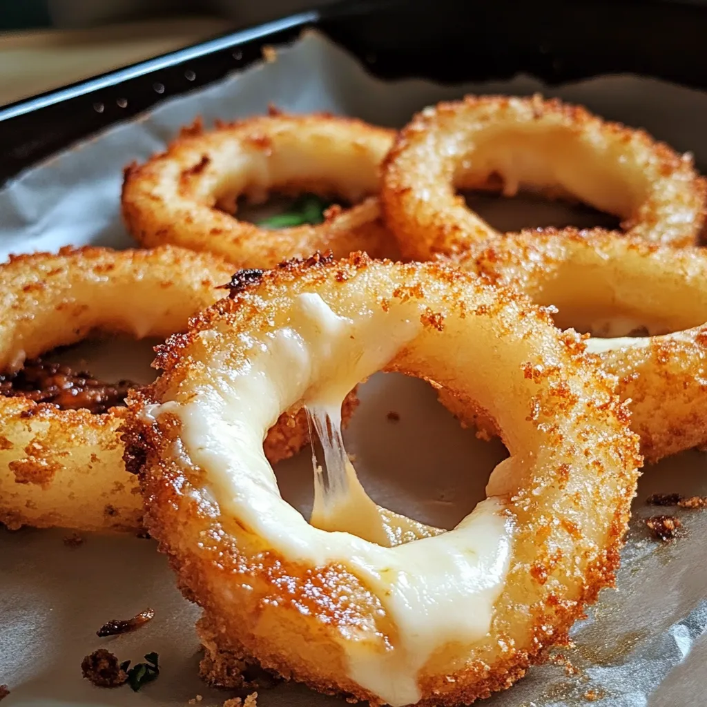 A plate of onion rings with cheese on top.