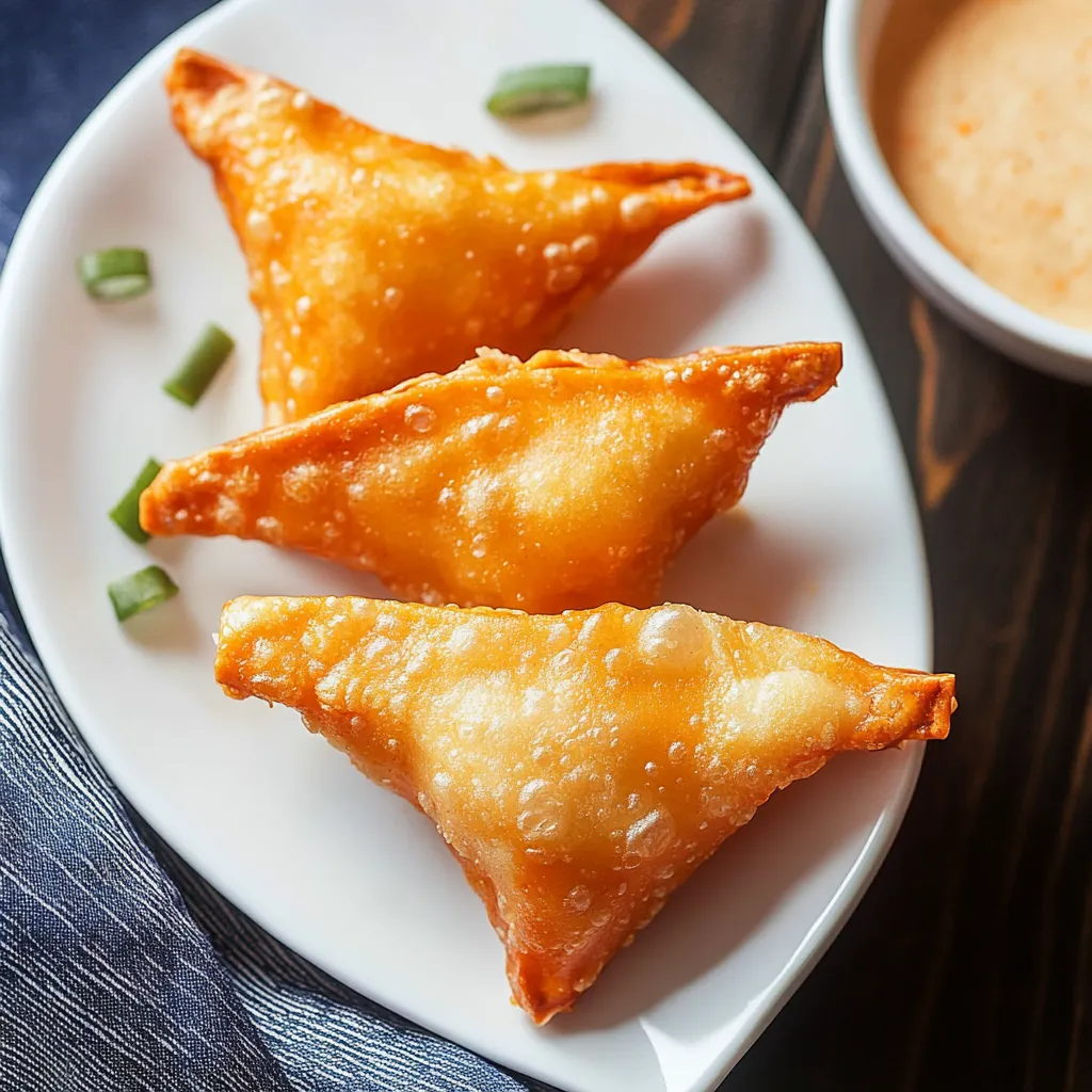 Three triangle shaped food items on a plate.