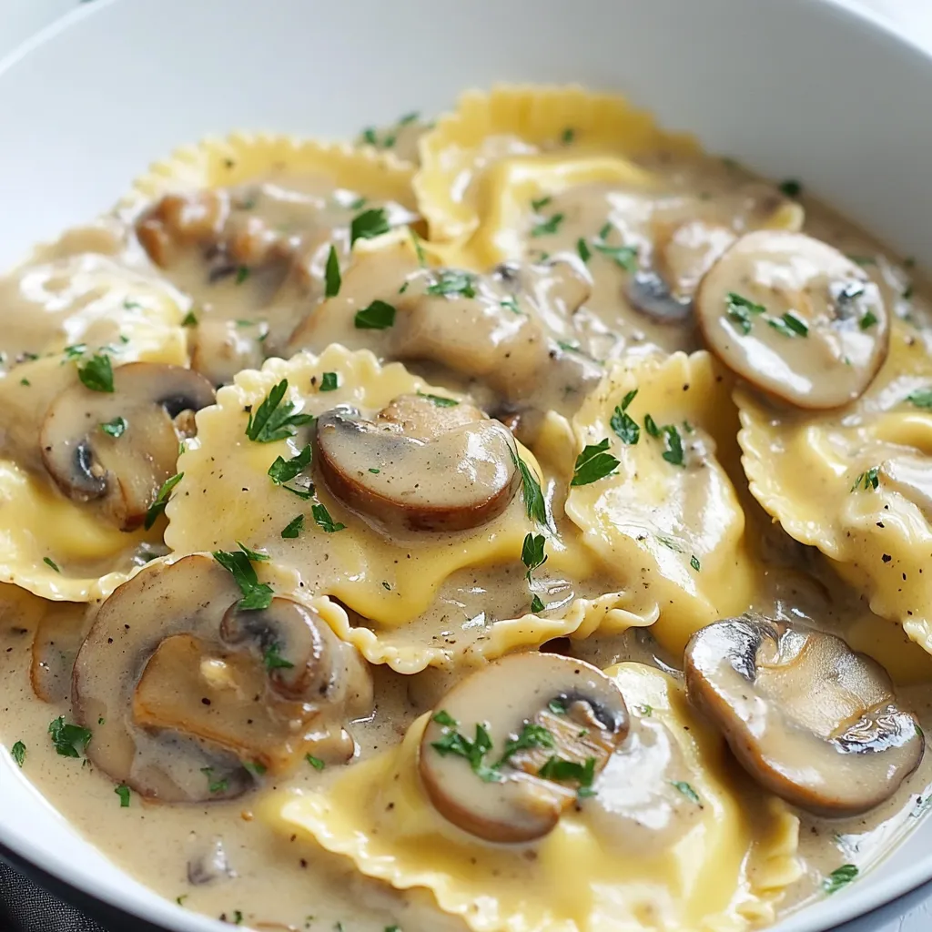 A bowl of pasta with mushrooms and herbs.