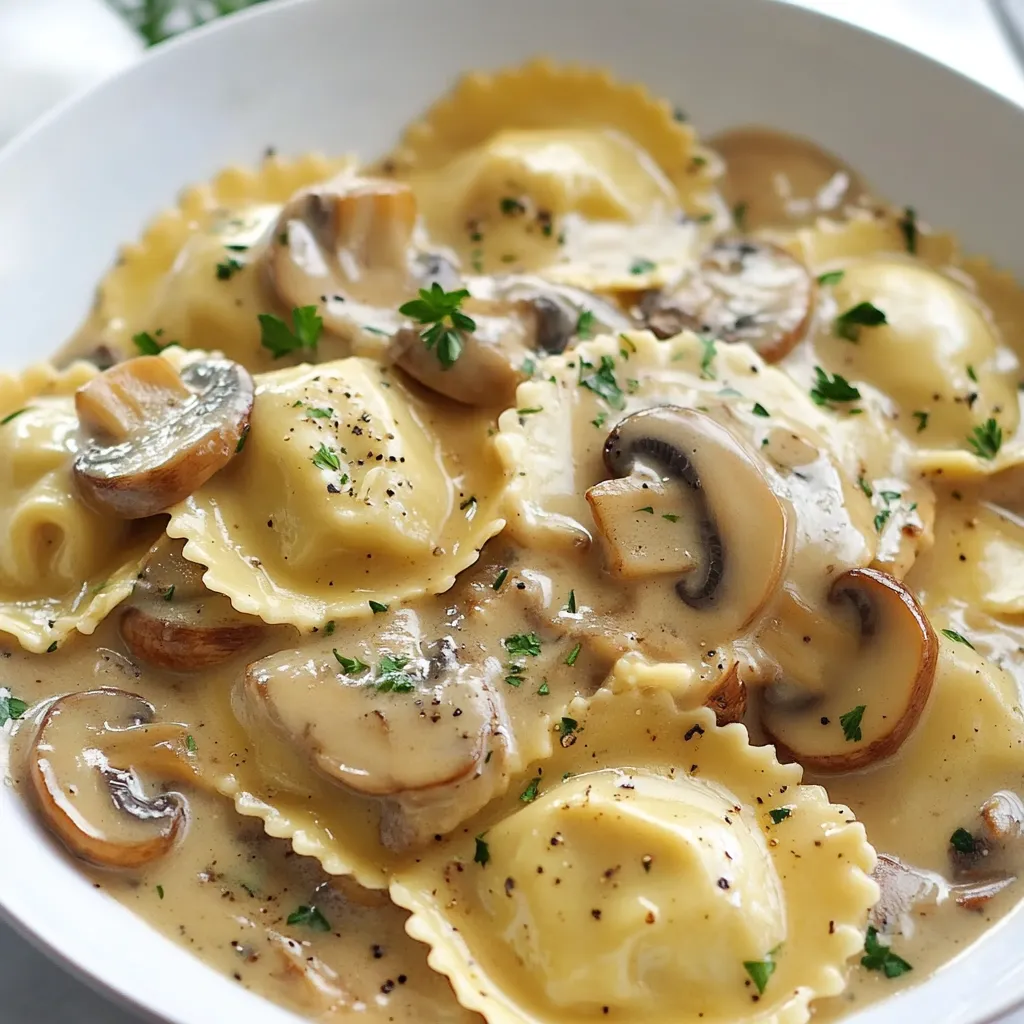 A bowl of pasta with mushrooms and herbs.