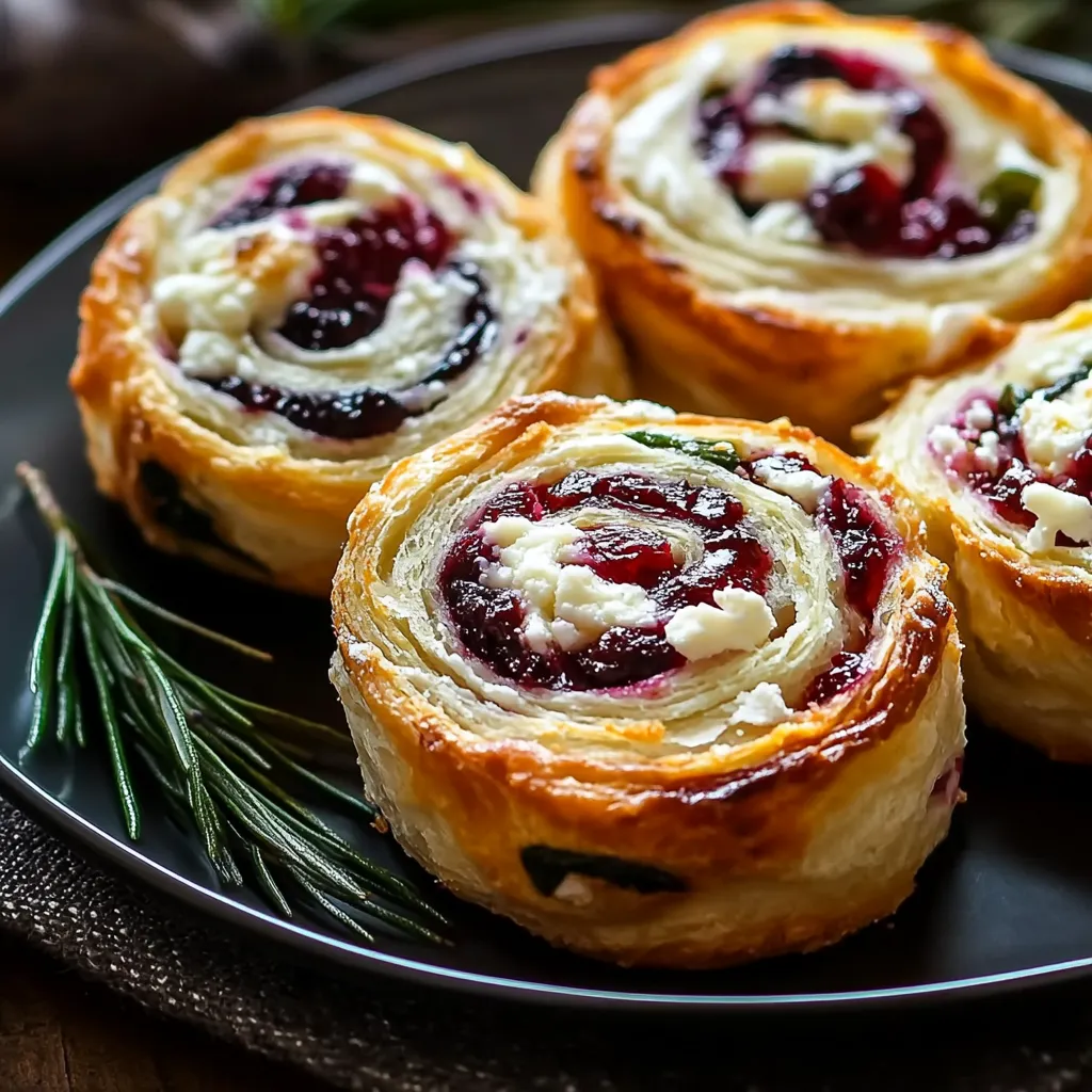 A plate of four pastries with berries and cheese.