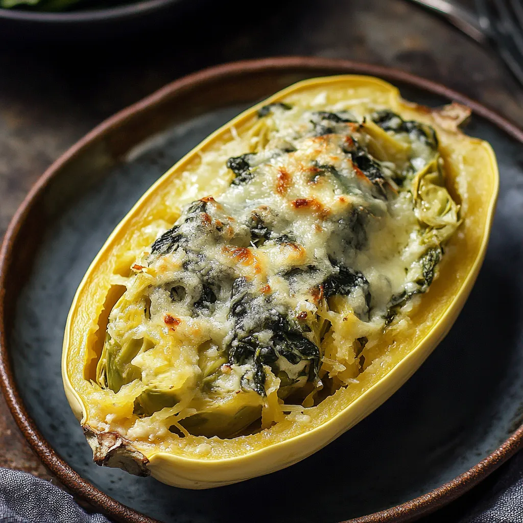 A yellow squash with cheese and spinach.