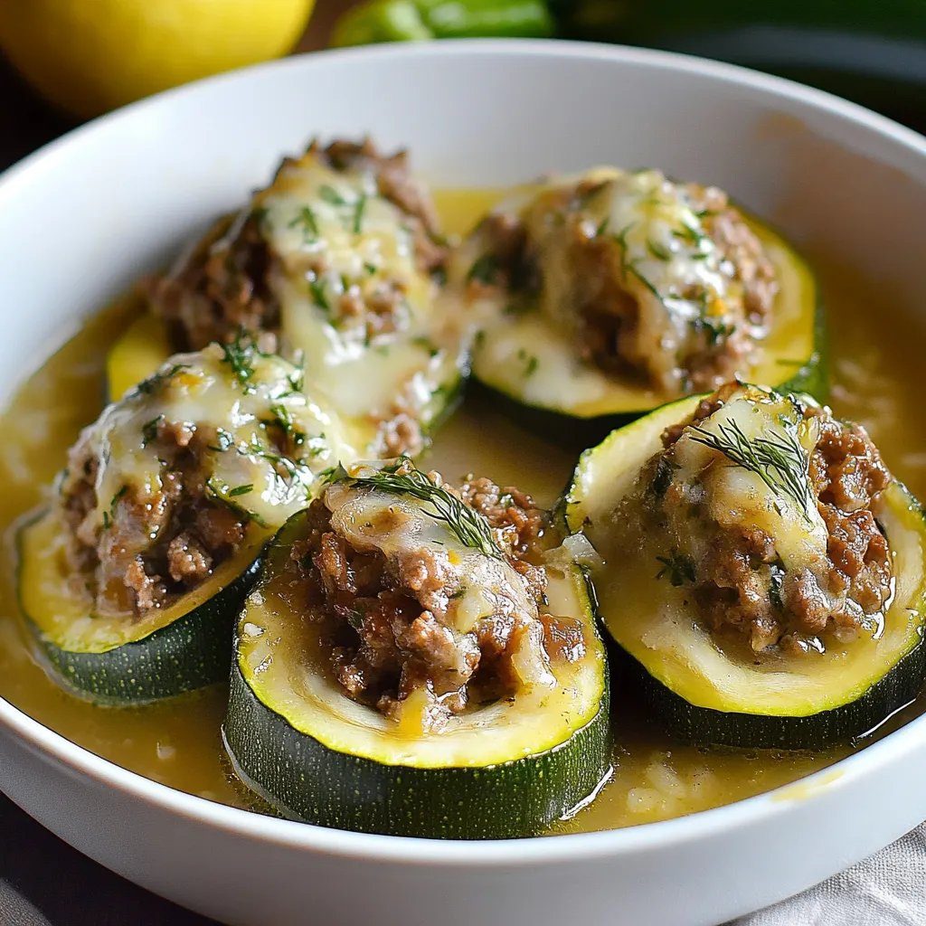 A bowl of food with meatballs and zucchini.