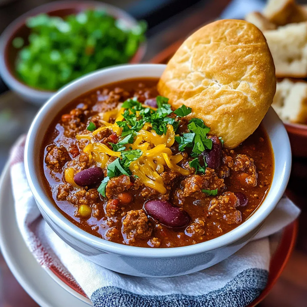 A bowl of chili with a biscuit on top.