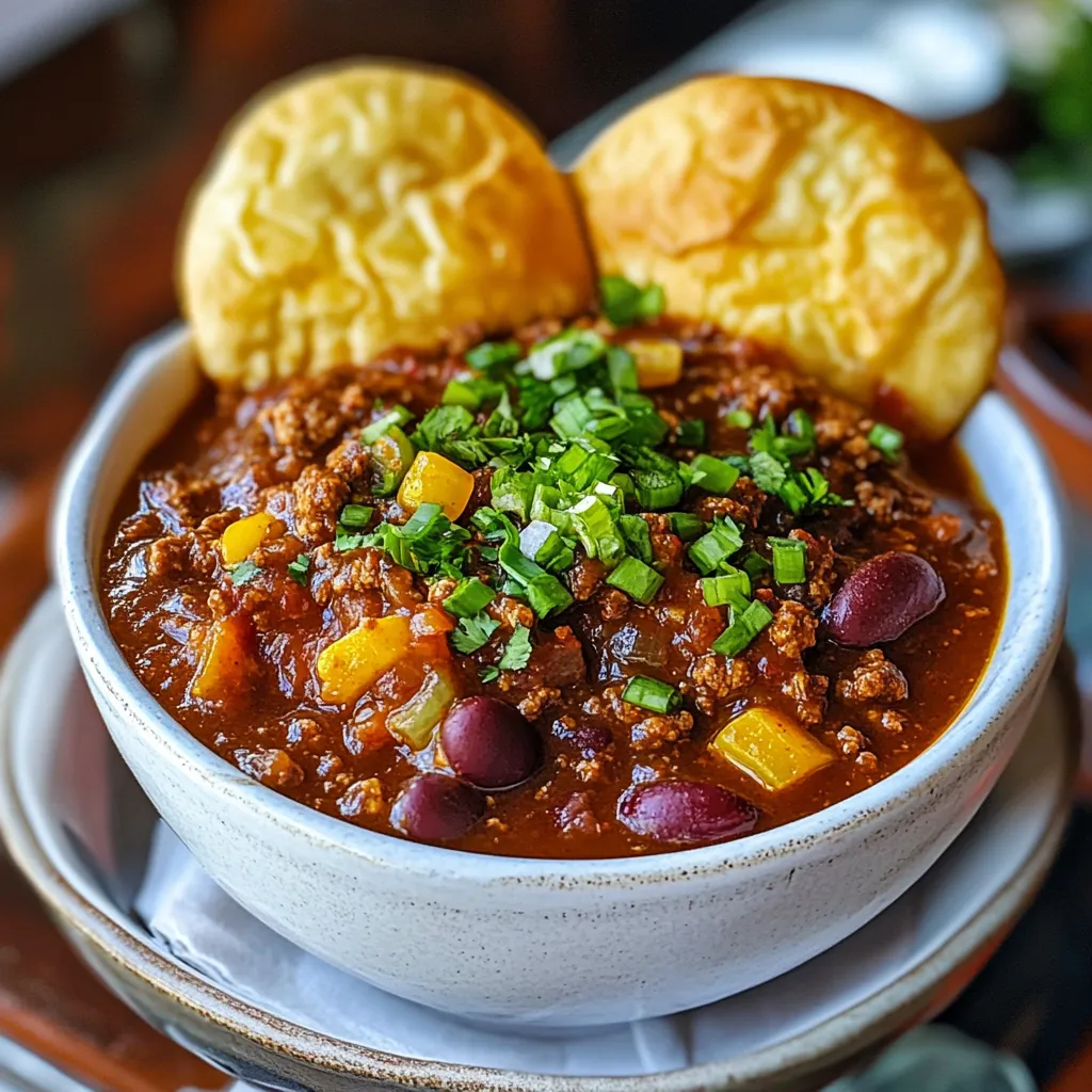 A bowl of chili with two pieces of bread on top.