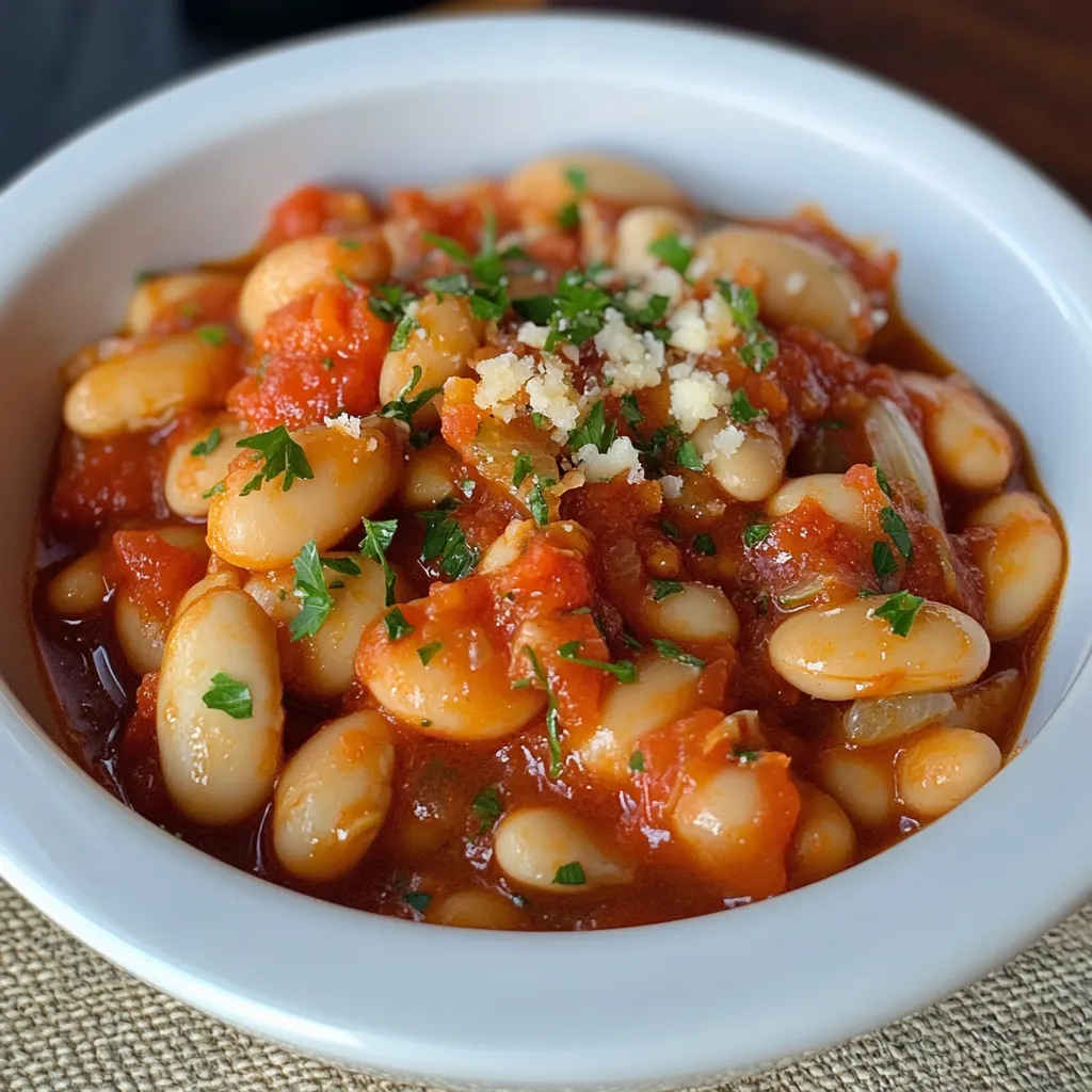 A bowl of food with beans and tomatoes.