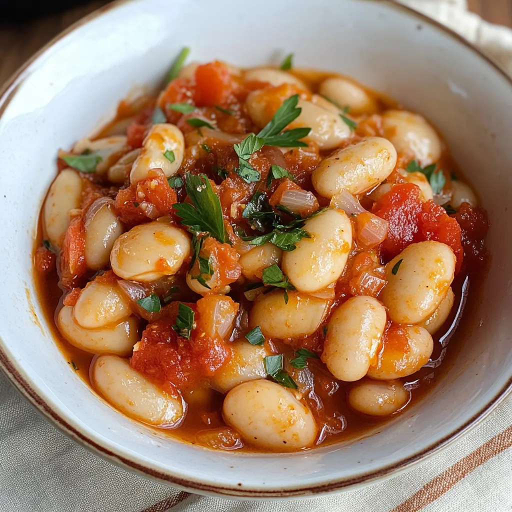 A bowl of beans with tomatoes and herbs.