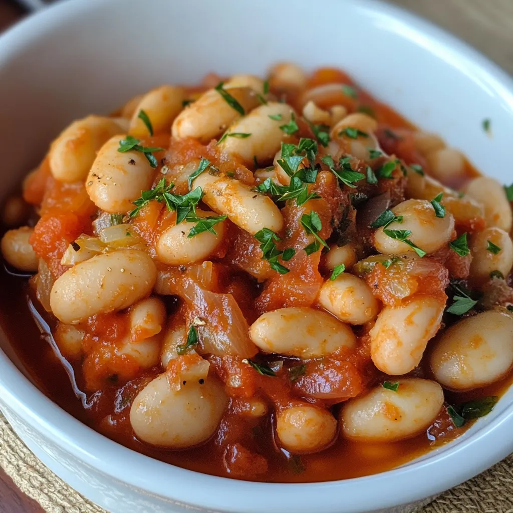 A bowl of beans with green herbs.