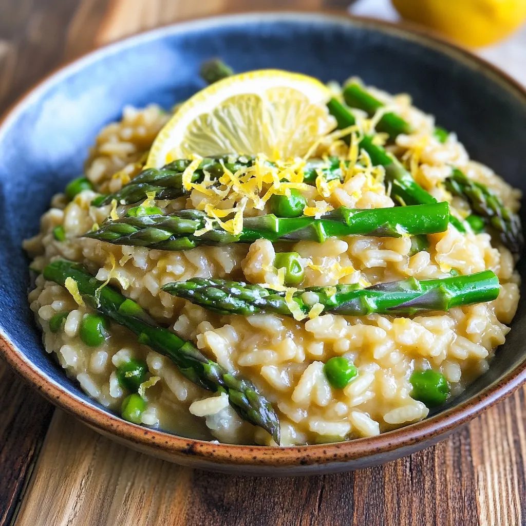 A bowl of rice with lemon and asparagus.