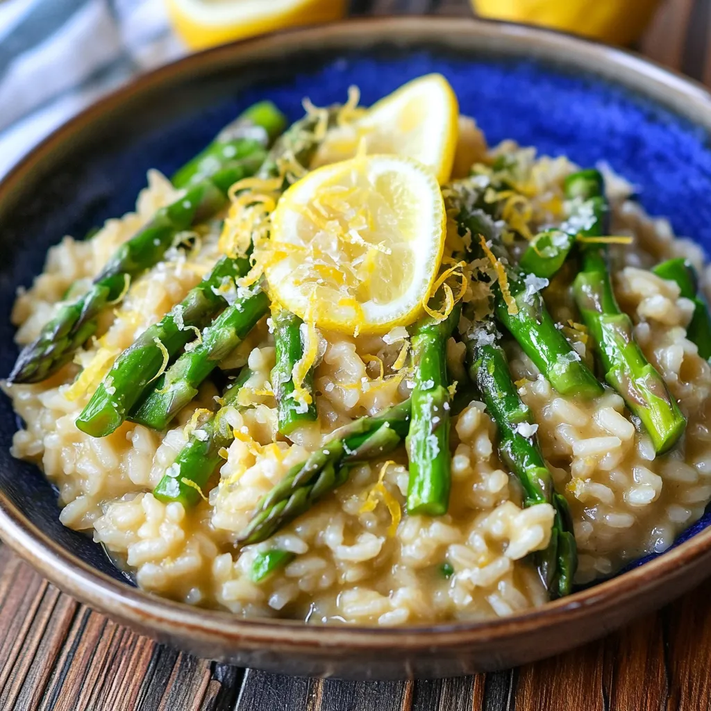 A bowl of rice with lemon and asparagus.