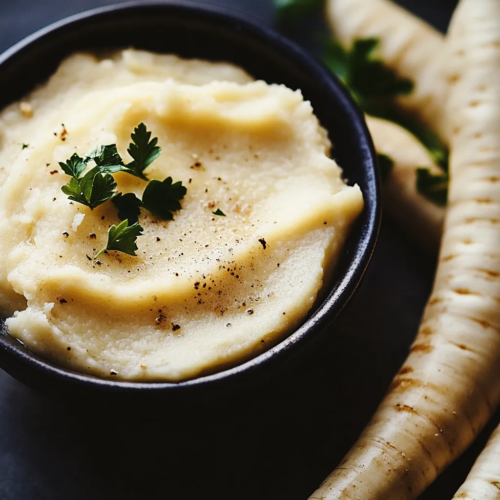 A bowl of mashed potatoes with a sprig of parsley on top.