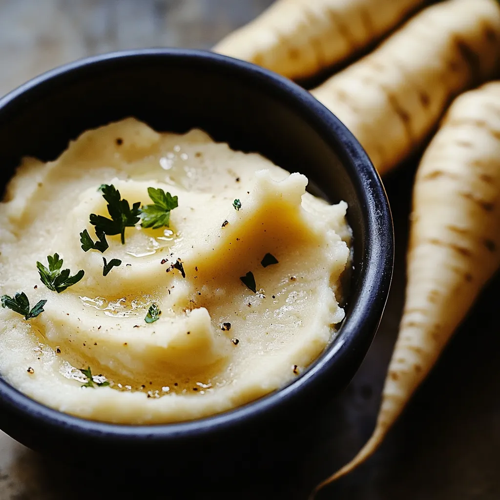 A bowl of mashed potatoes with a sprig of parsley on top.