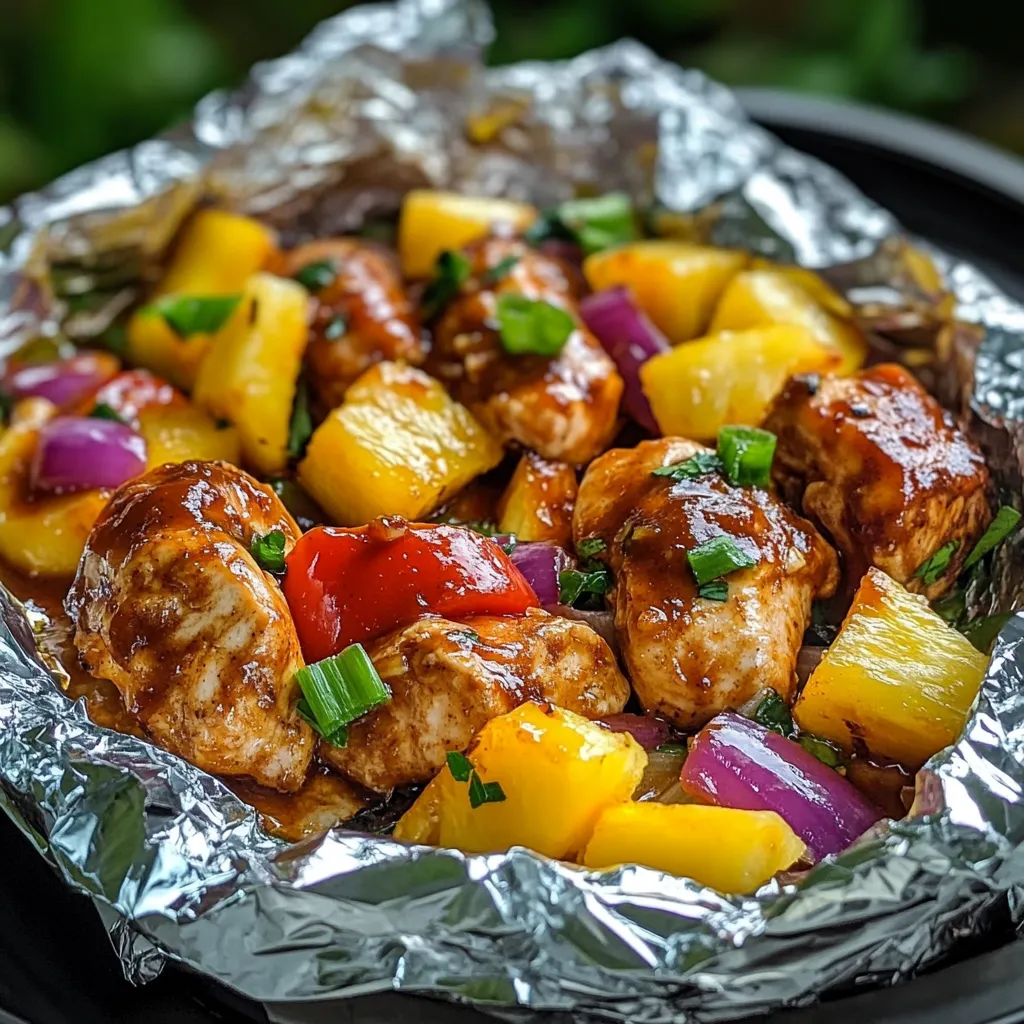 A foil wrapped dish of chicken and vegetables.