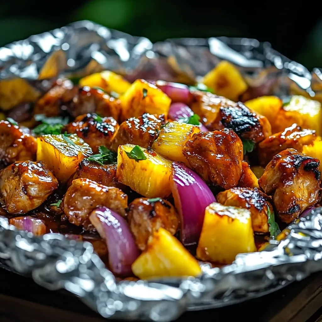 A bowl of food with onions and pineapple.