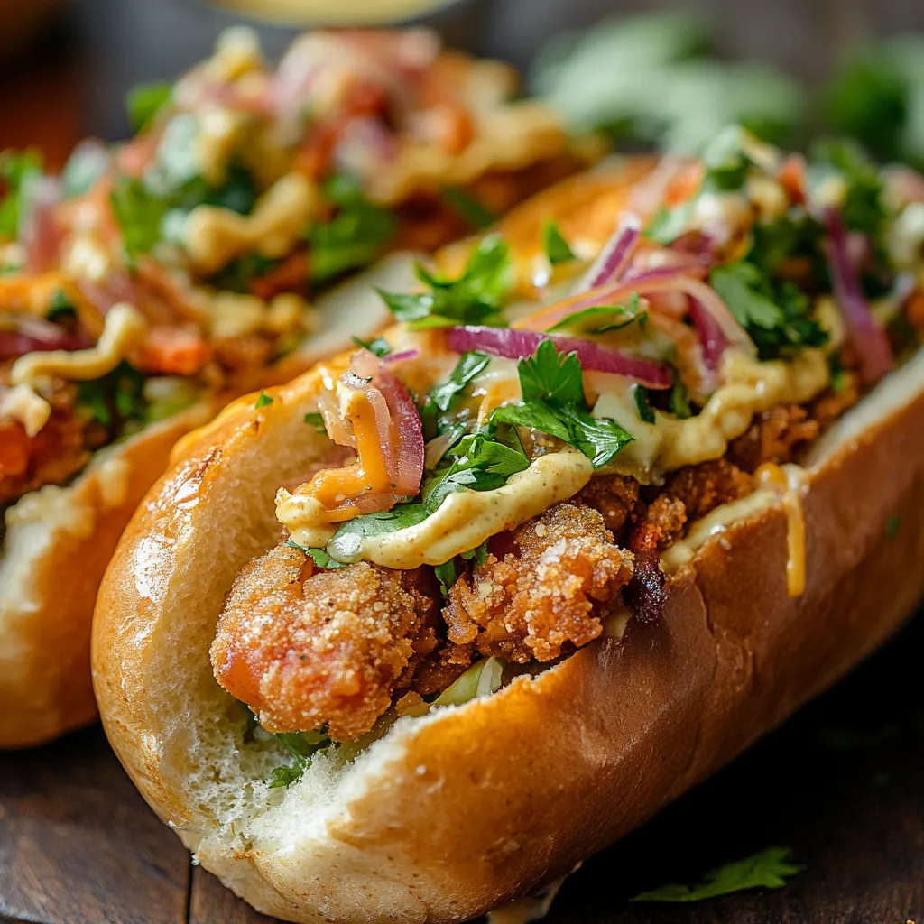Two hot dogs with sauce and toppings.