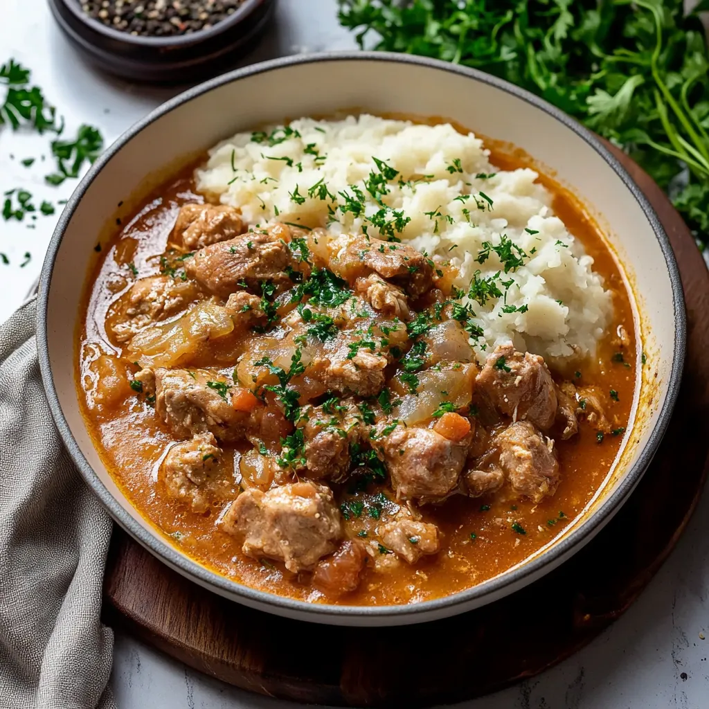 A bowl of soup with meat and potatoes.