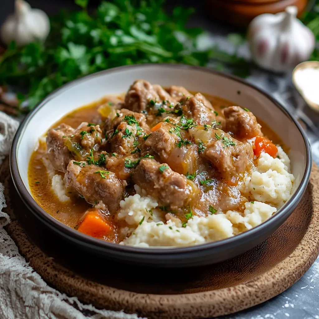 A bowl of meat and potatoes.