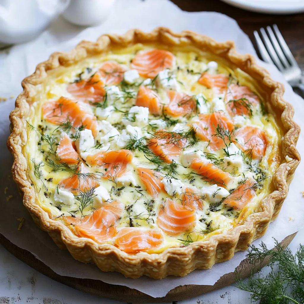 A pie with salmon and cream.