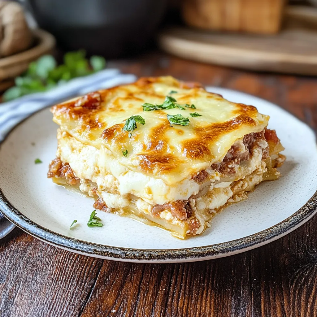 A slice of lasagna on a plate.
