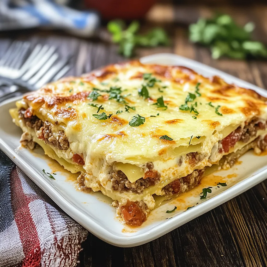 A white plate with a lasagna on it.