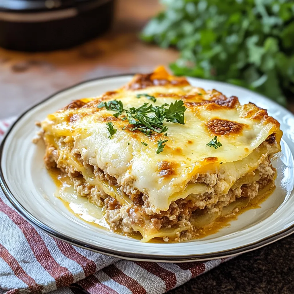 A plate of lasagna with cheese and herbs.